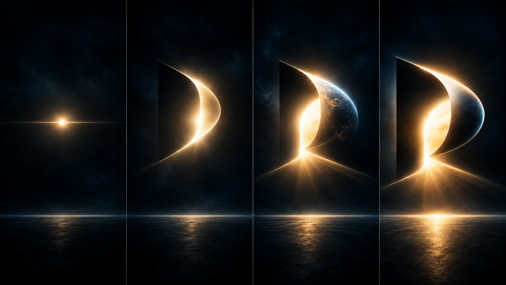 A sequence in four frames: a single point of light widening into the full Podbiz Story Studio symbol